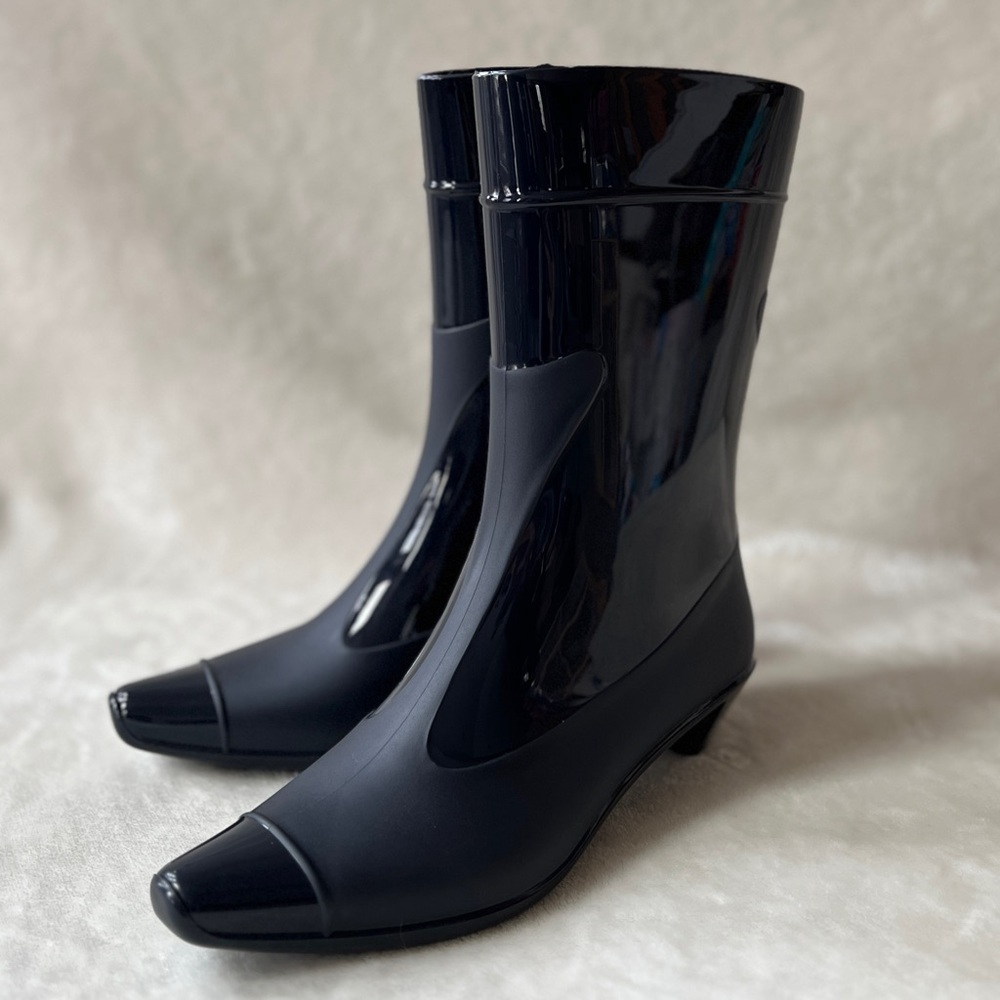 NEW Jeffrey Campbell Drench Cap Toe Kitten Heel Rain Boots Dark Navy Blue